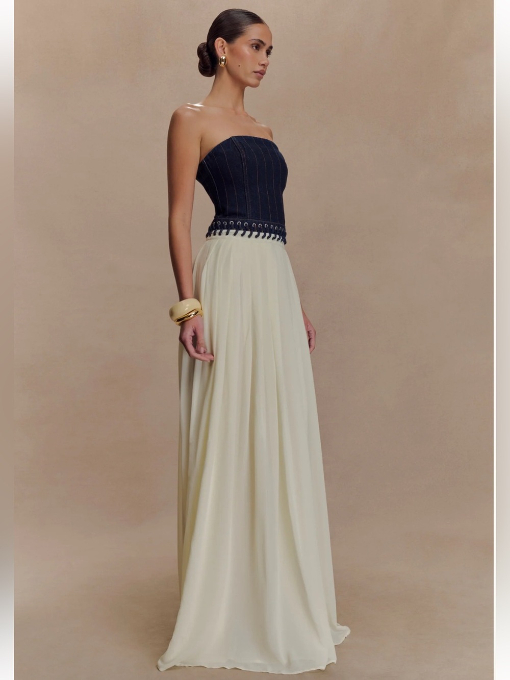 New Meshki Suella Denim Chiffon Maxi Dress